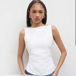 NWOT- LINEN-BLEND BOAT NECKLINE SOLID BOWKNOT TANK TOP